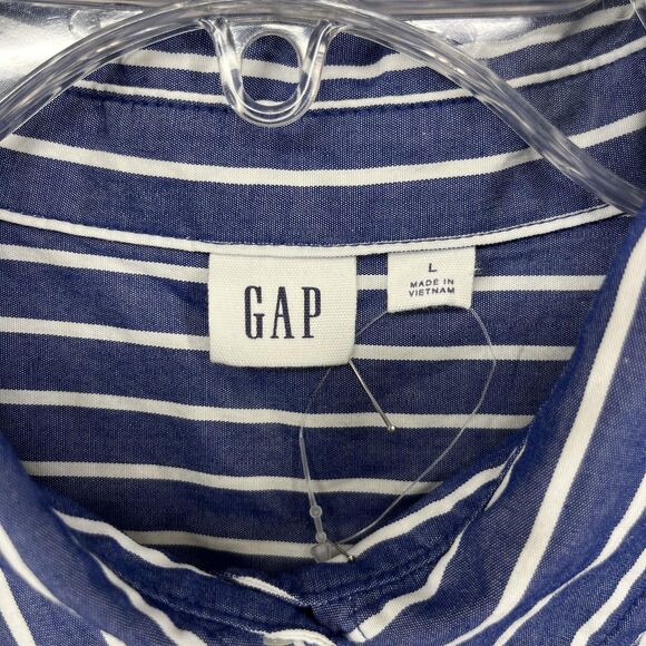 GAP Shirt Dress Womens Large Blue Striped Button Front Tiered Cotton Pockets - Picture 12 of 16